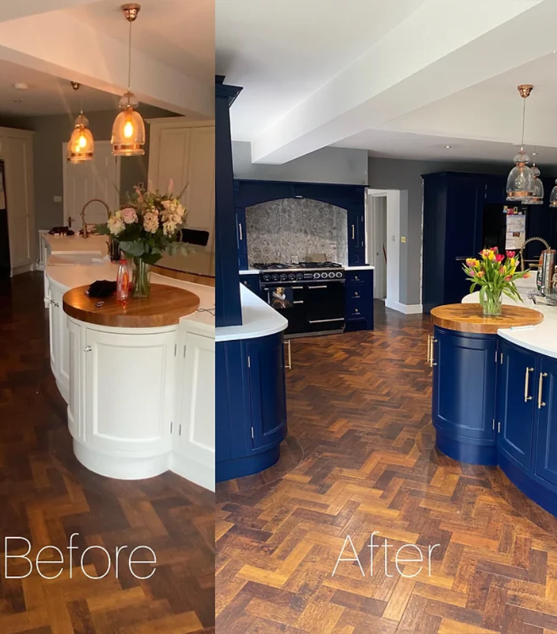 A before and after comparison showing a set of white kitchen cupboards before they are sprayed blue as part of our kitchen spraying service.