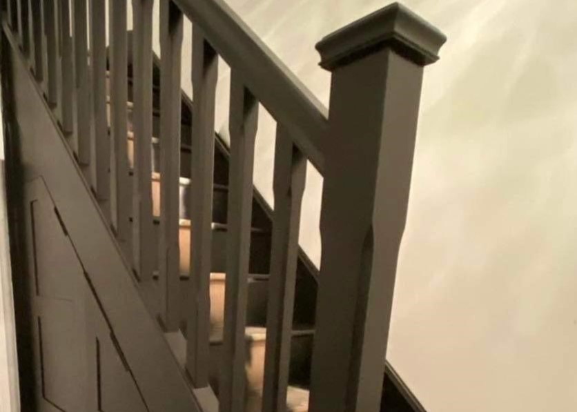 Closeup of freshly sprayed stairs as part of our bespoke joinery spraying service.